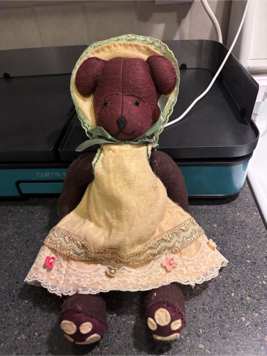 Vintage Stuffed Teddy Bear with Bonnet and Dress