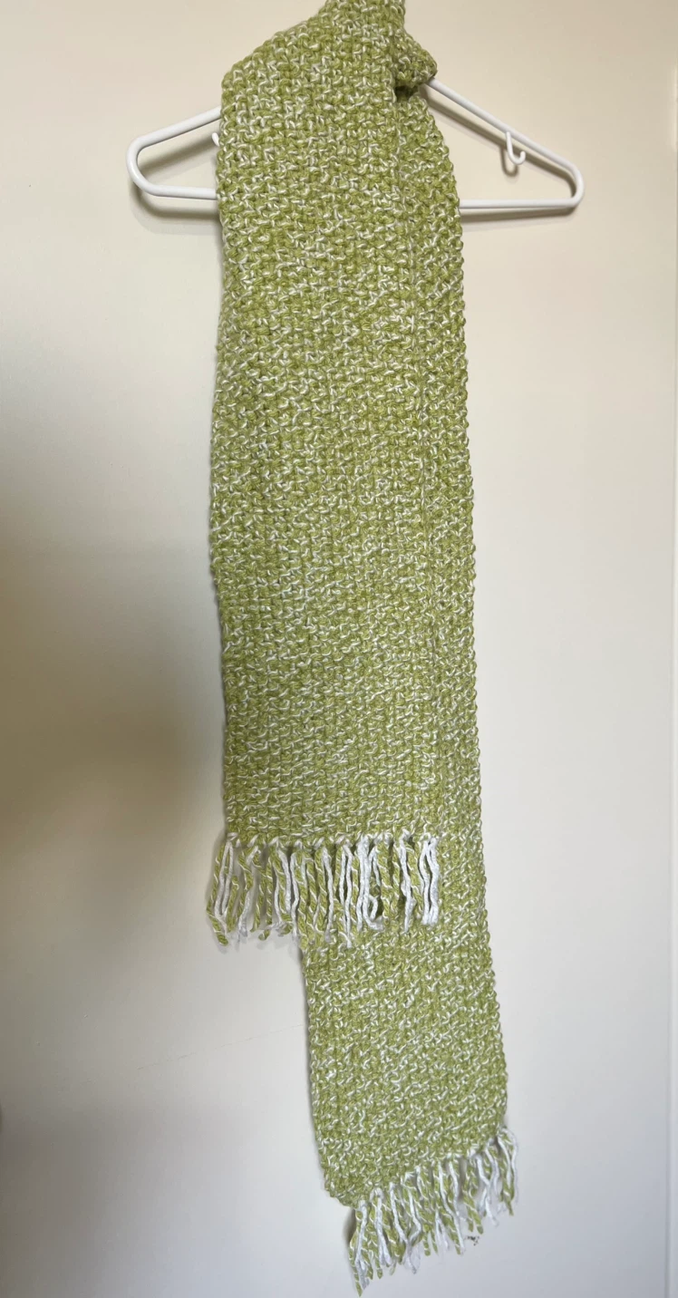 Green and White Woven Scarf with Fringe
