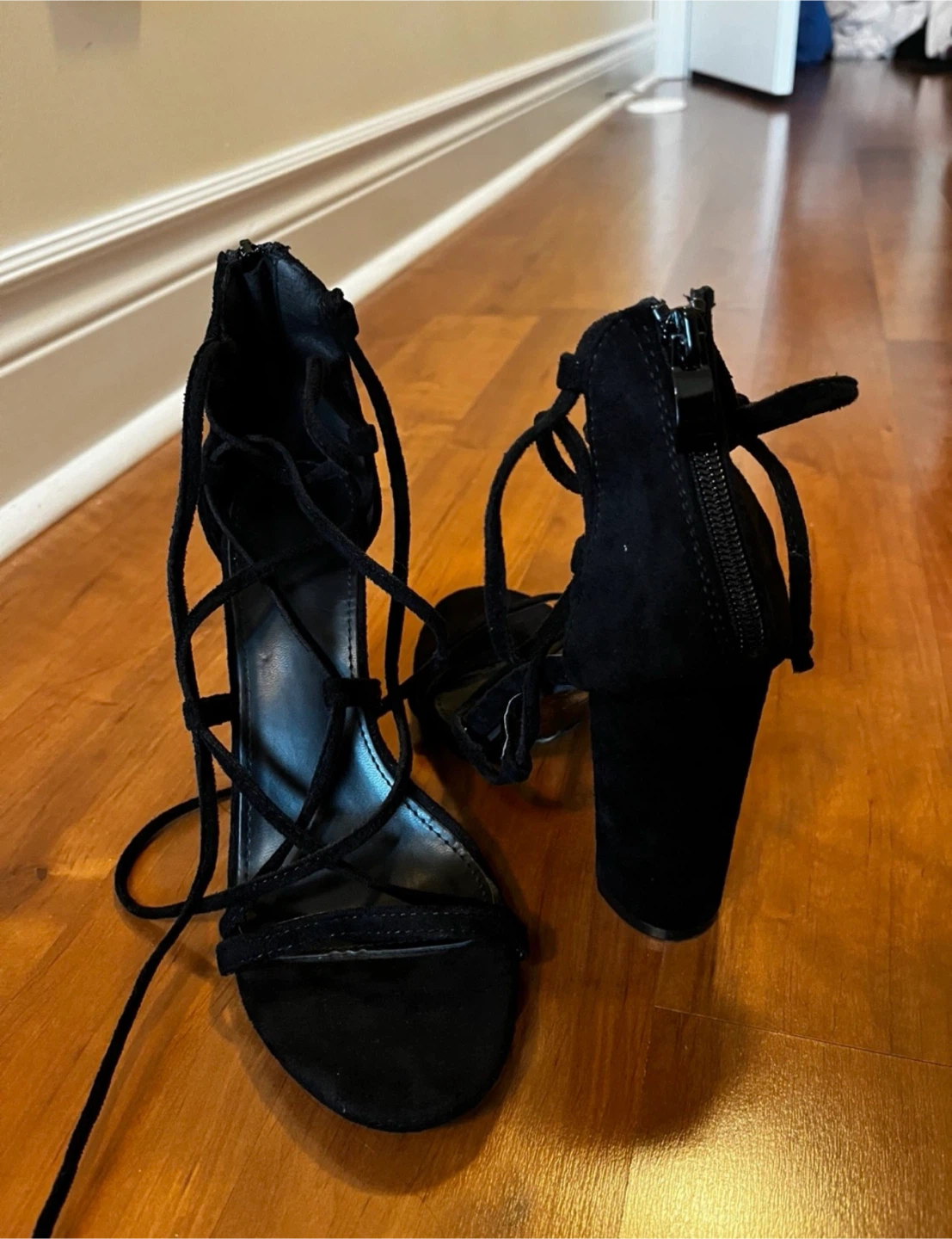 Black Lace-Up Block Heels