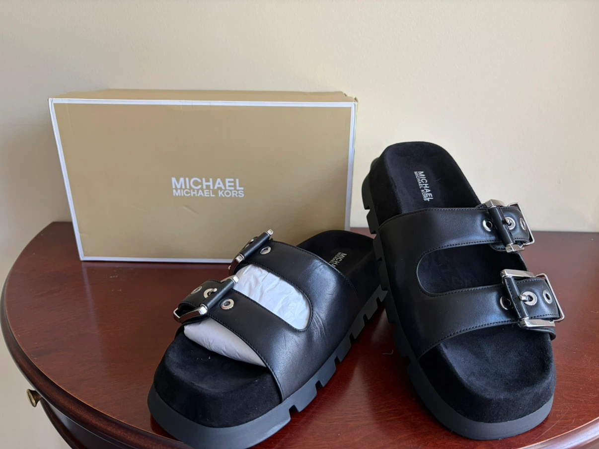 Michael Kors Black Leather Slides 6.5