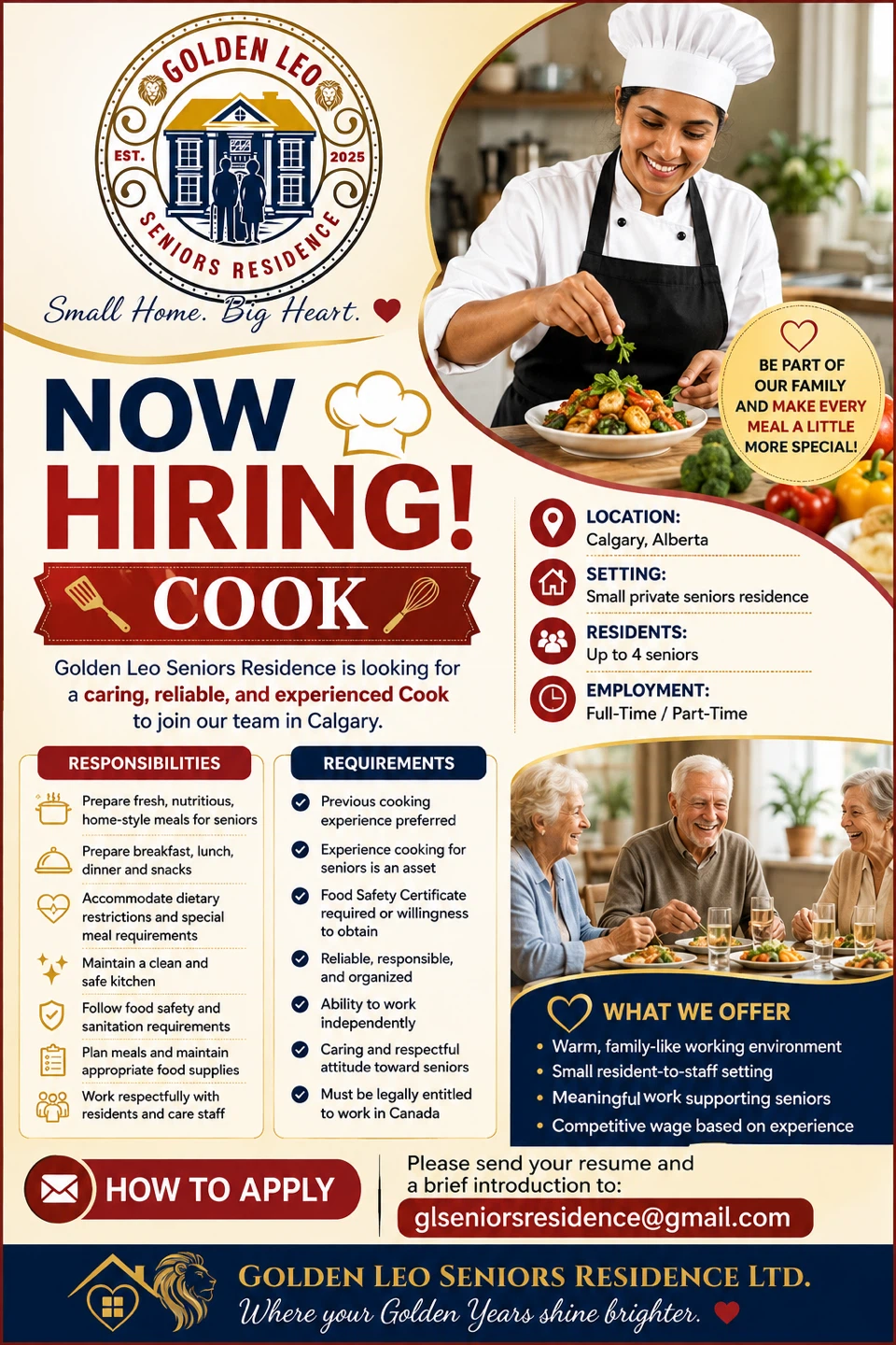 Golden Leo Seniors Residence Hiring Cook - Calgary, Alberta