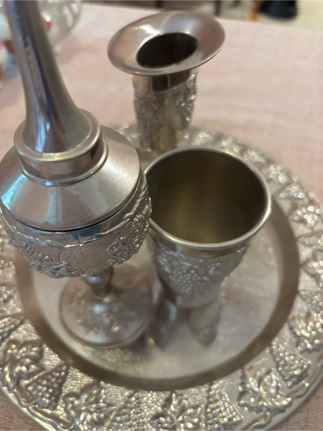 Silver Tone Kiddush Cup Set with Tray