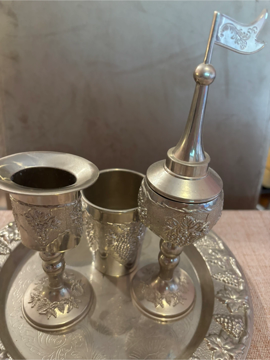 Silver Tone Kiddush Cup Set with Tray - photo 2