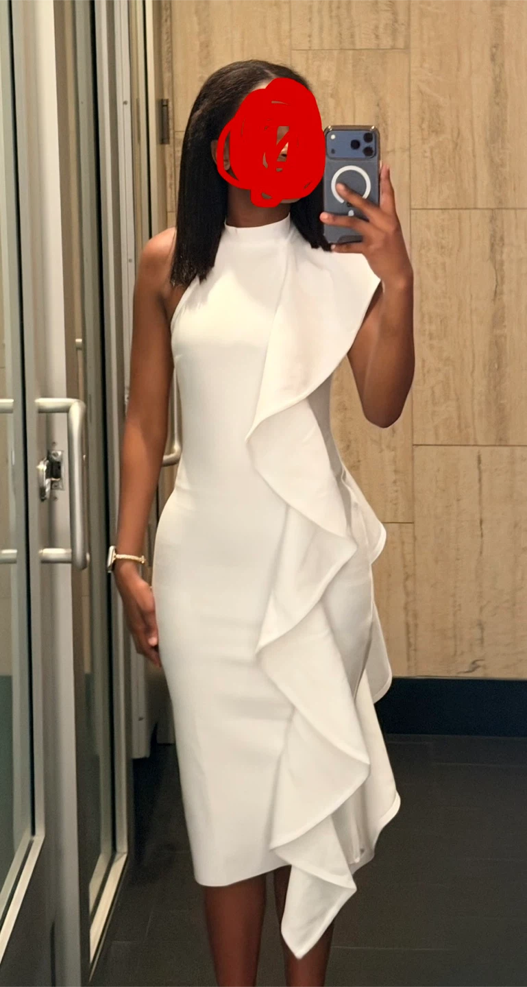 White Ruffle One-Shoulder bandage Midi Dress - photo 2