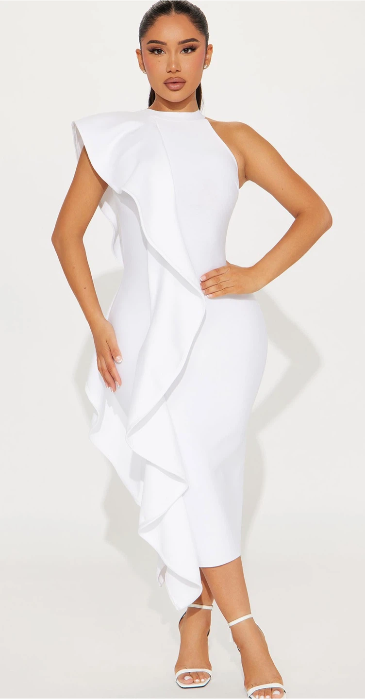 White Ruffle One-Shoulder bandage Midi Dress - photo 4