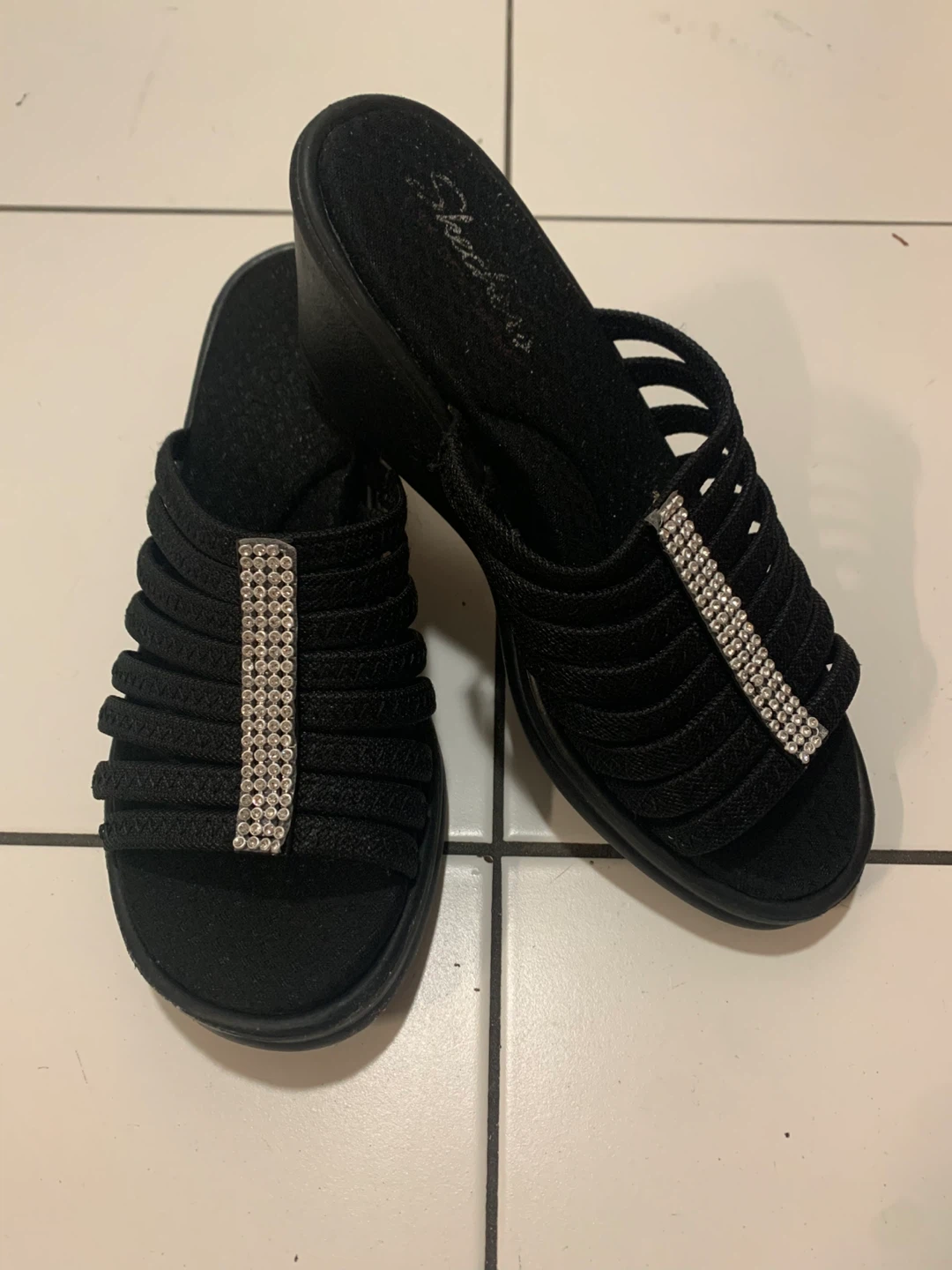 Skechers Black Wedge Sandals with Rhinestones