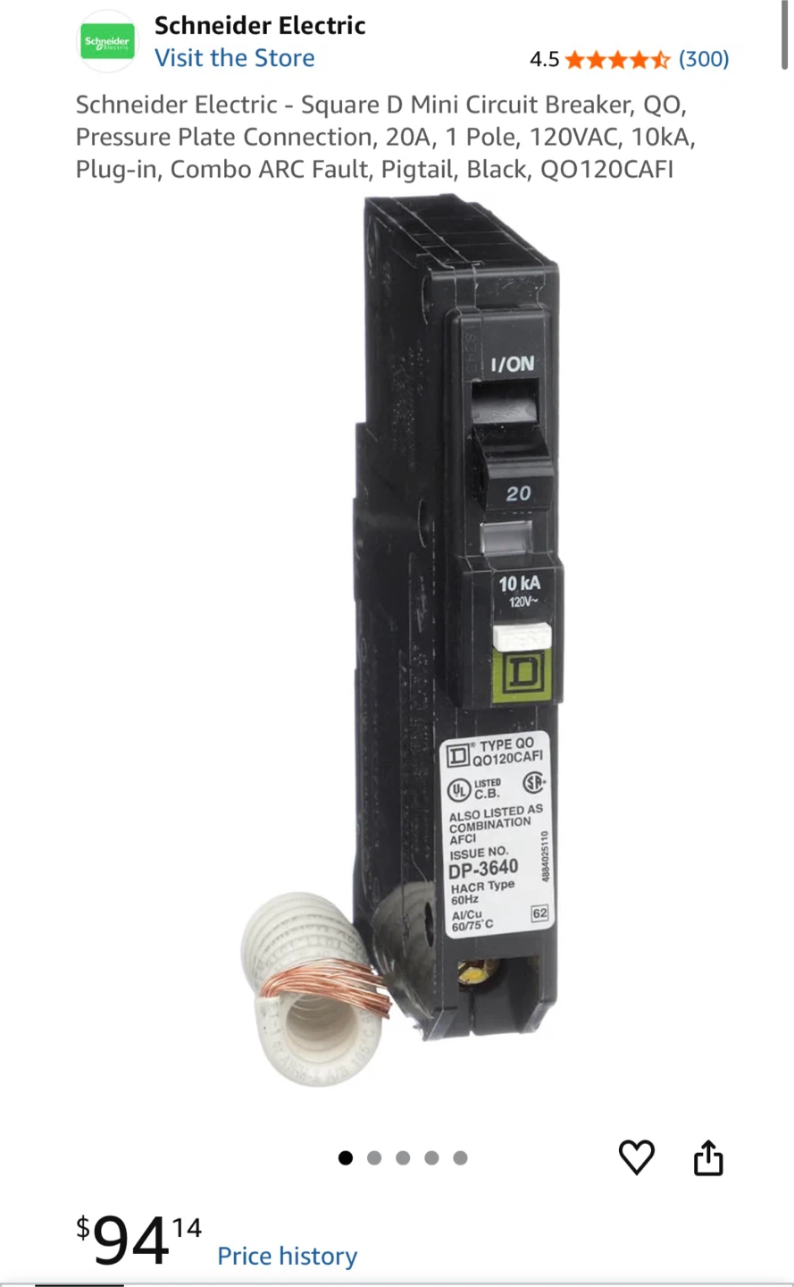 Square D Combination Arc Fault Circuit Breaker 20A
