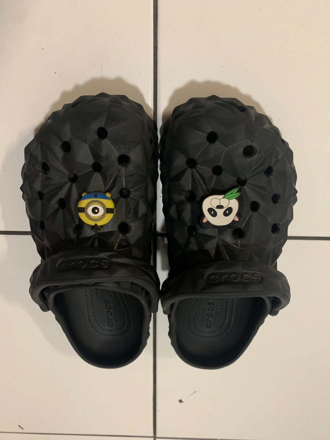Black Crocs with Minion and Panda Charms