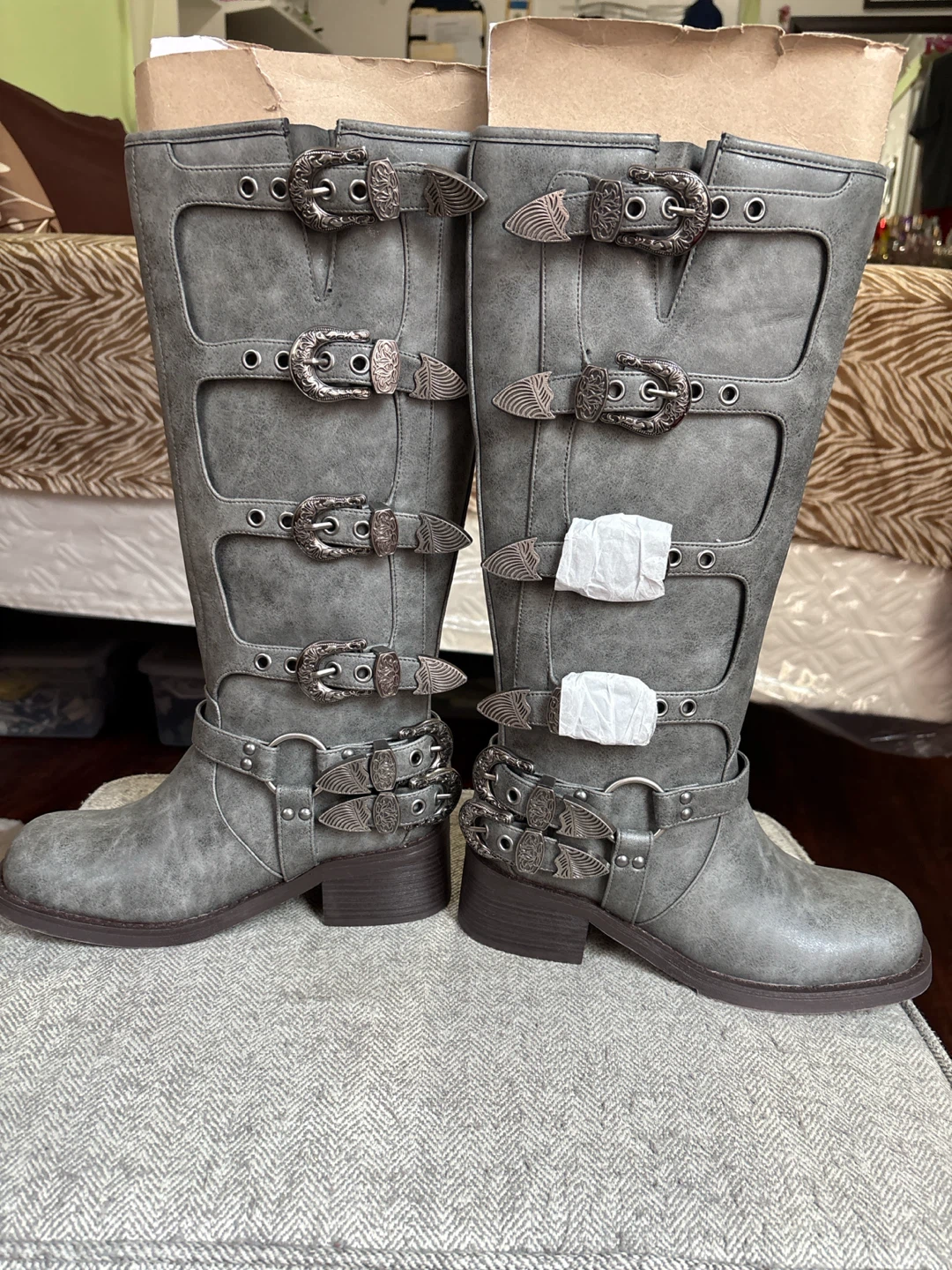 Grey Buckle Tall Boots