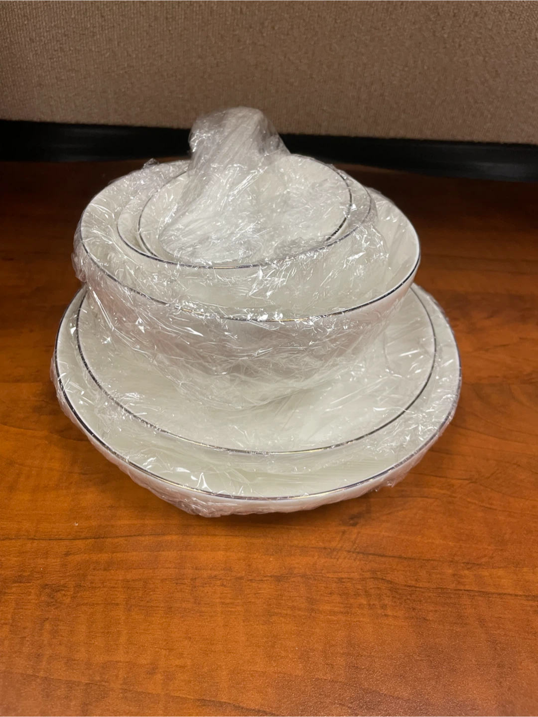All for $5 White Bowls and Plates Set with Silver Trim