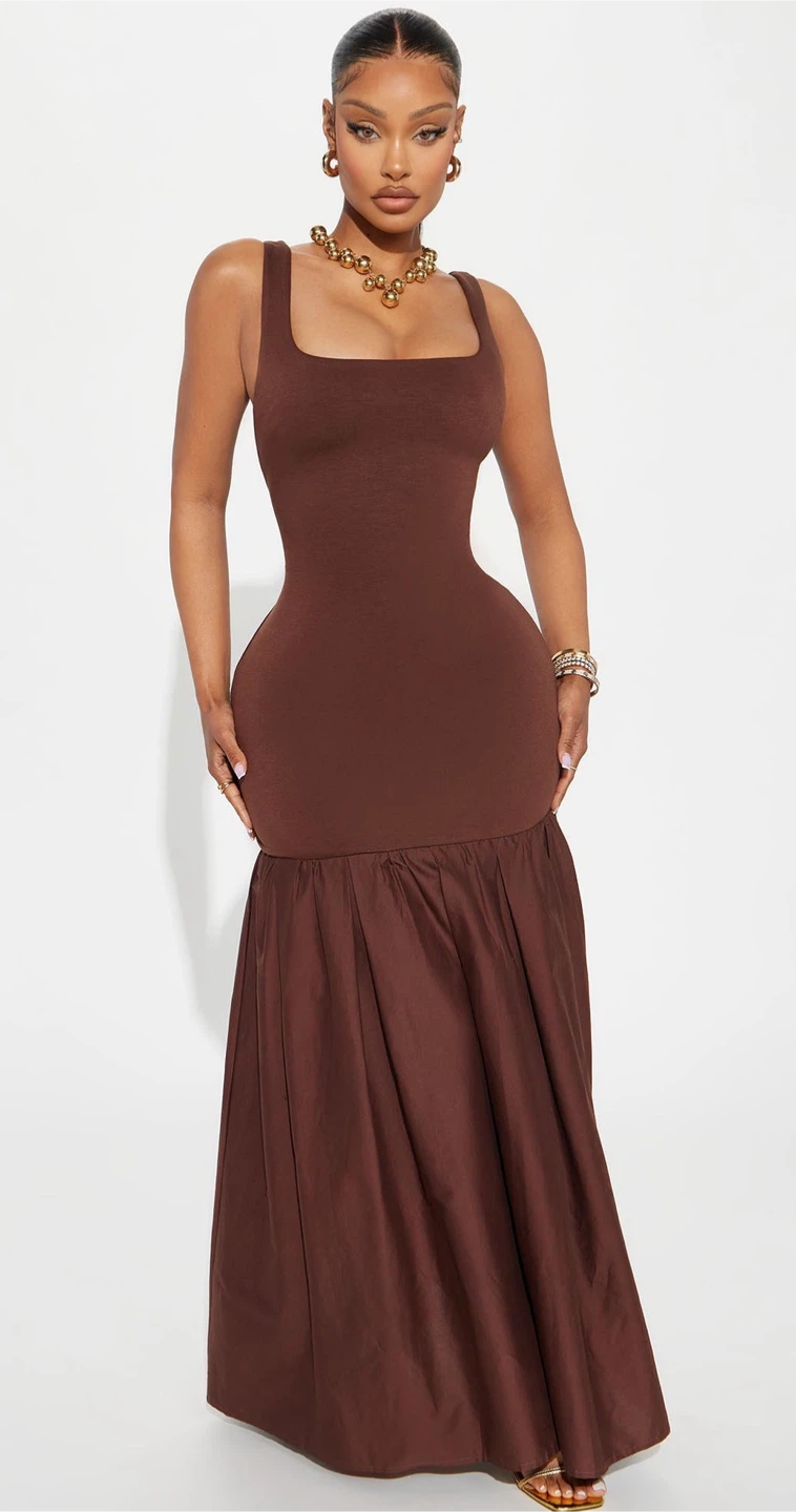 Brown Square Neck Maxi Dress