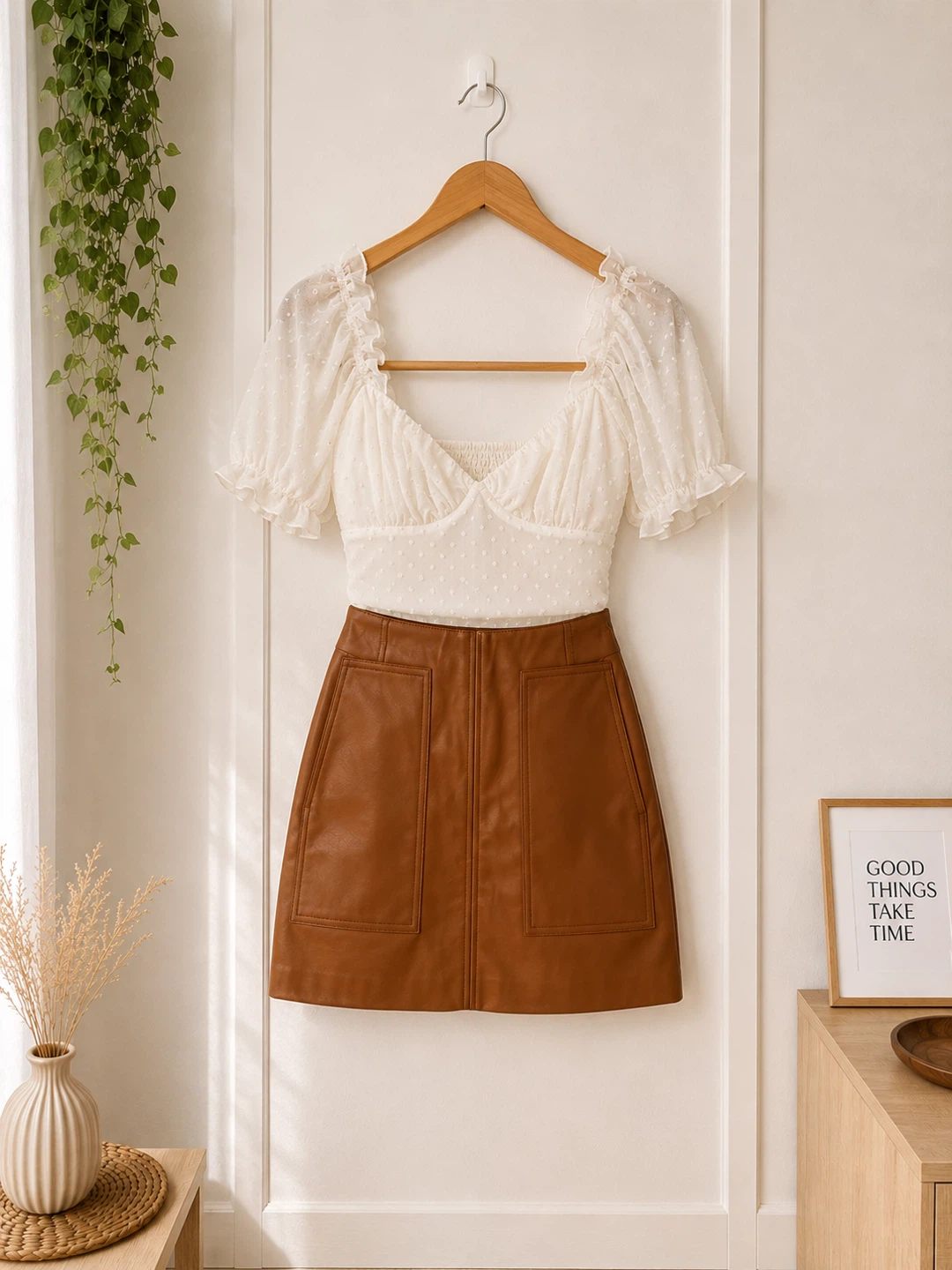 White Puff Sleeve Top with Brown Faux Leather Skirt Set