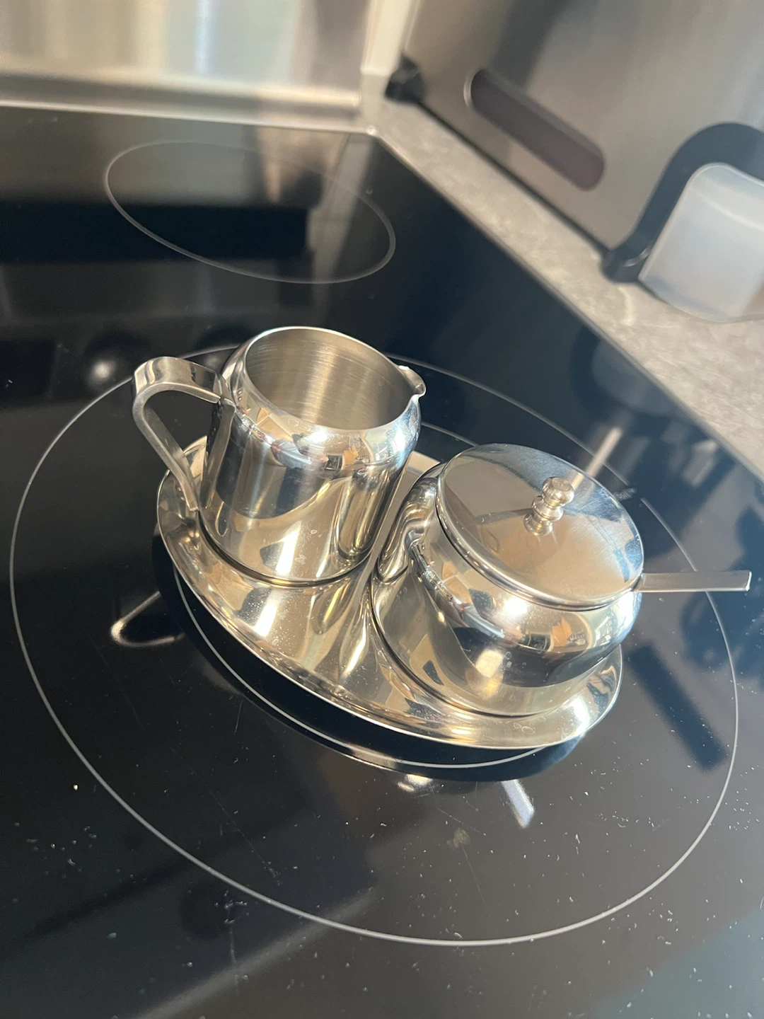 Stainless Steel Sugar Bowl and Creamer Set with Tray