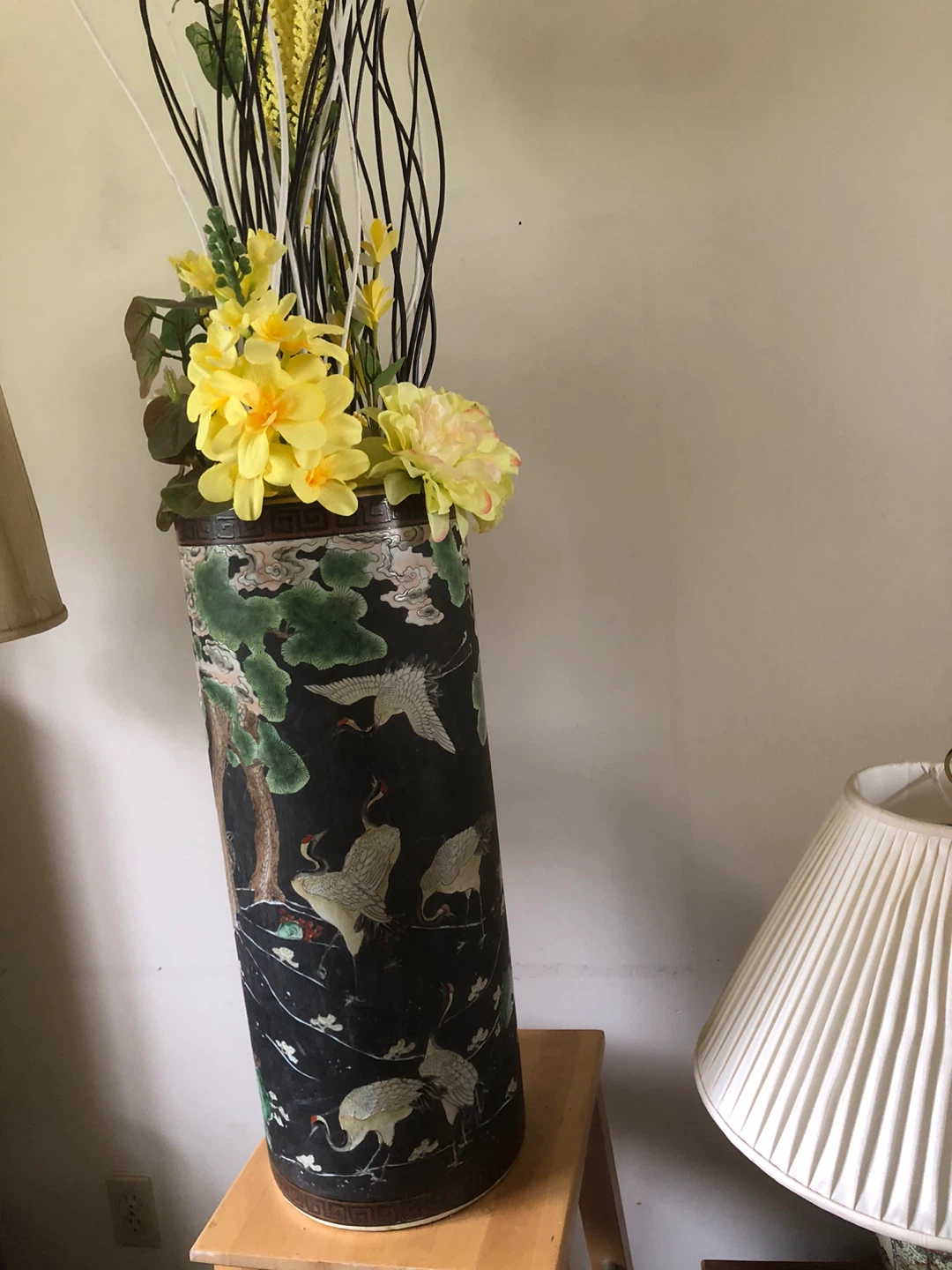 Large Ceramic Vase with Crane and Tree Design