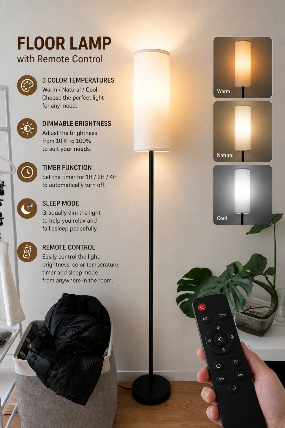 Floor Lamp with Remote Control - 3 Color Temperatures, Dimmable