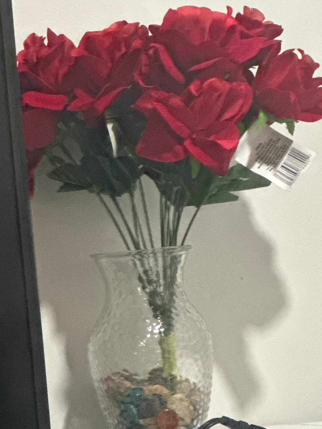 Artificial Red Roses in Glass Vase