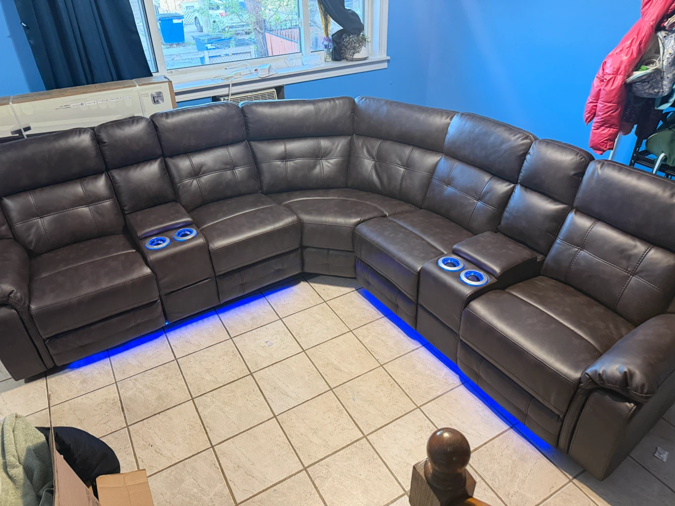 Dark Brown Sectional Sofa with LED Lights and Cup Holders