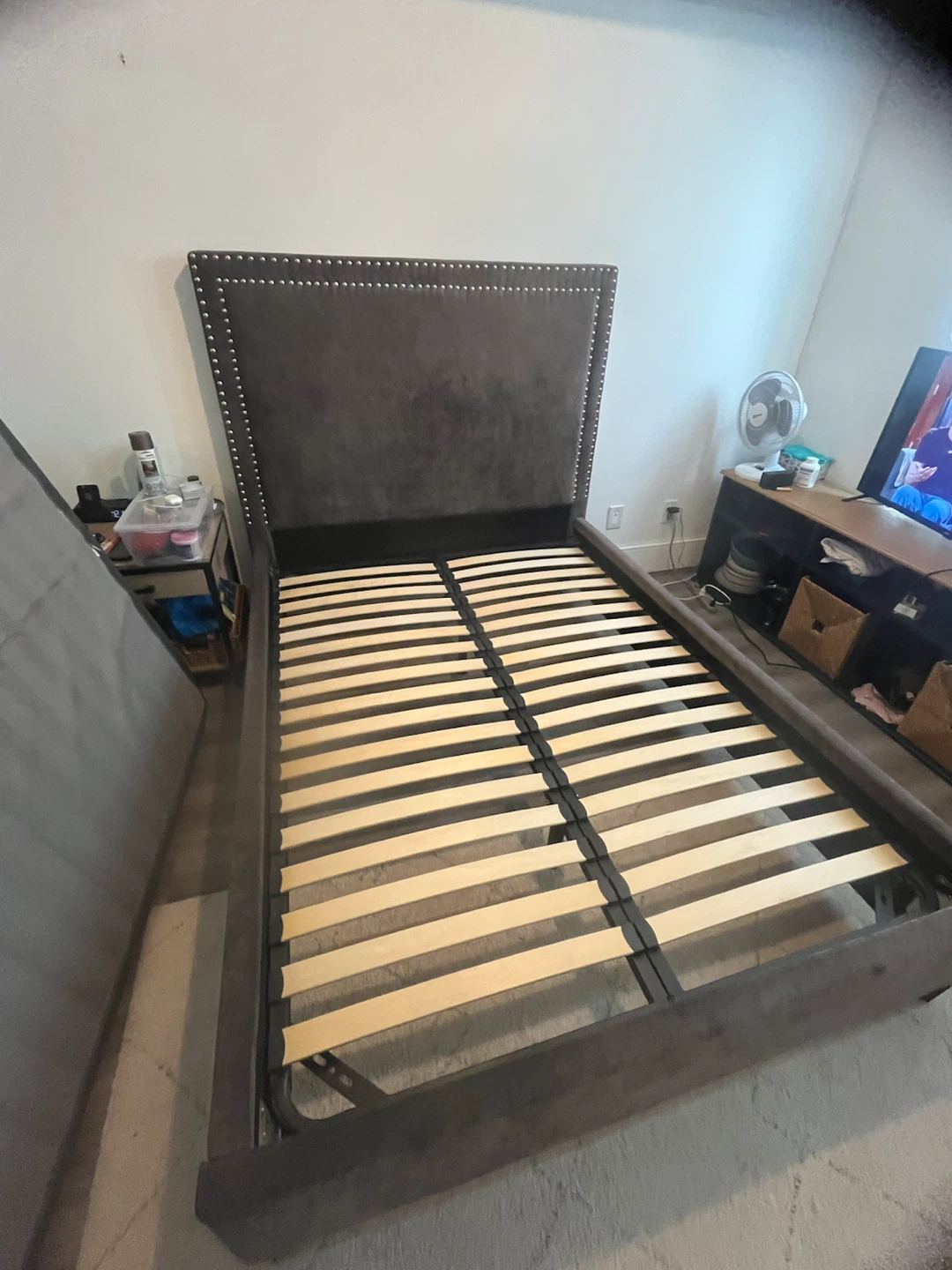 Grey Upholstered Double Bed Frame with Tufted Headboard