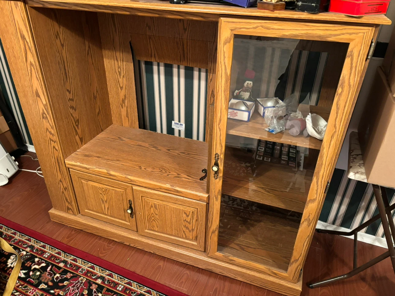 Wooden Media Console with Glass Door and VHS Storage