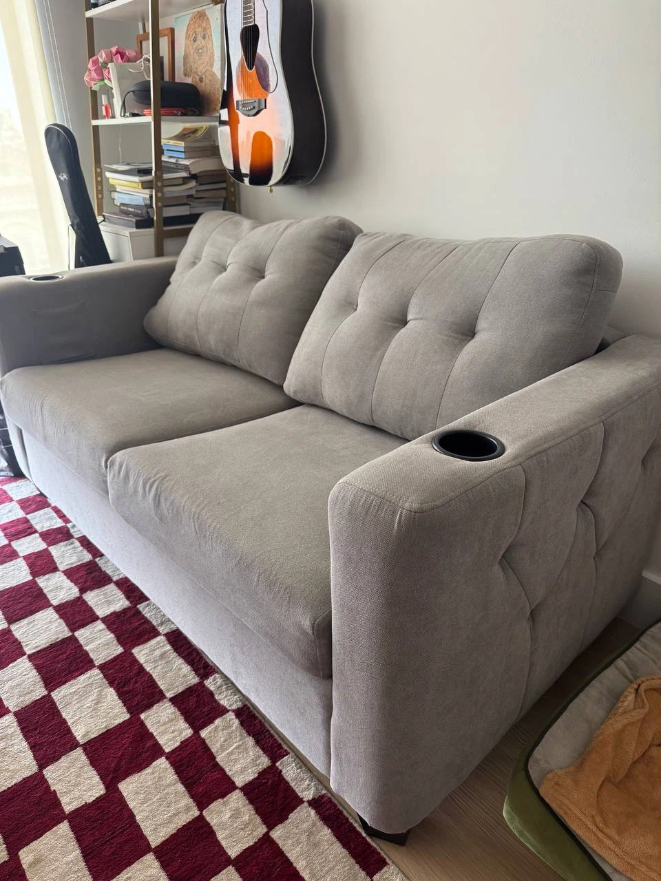 Grey Pull Out Sofa Bed with Cup Holders