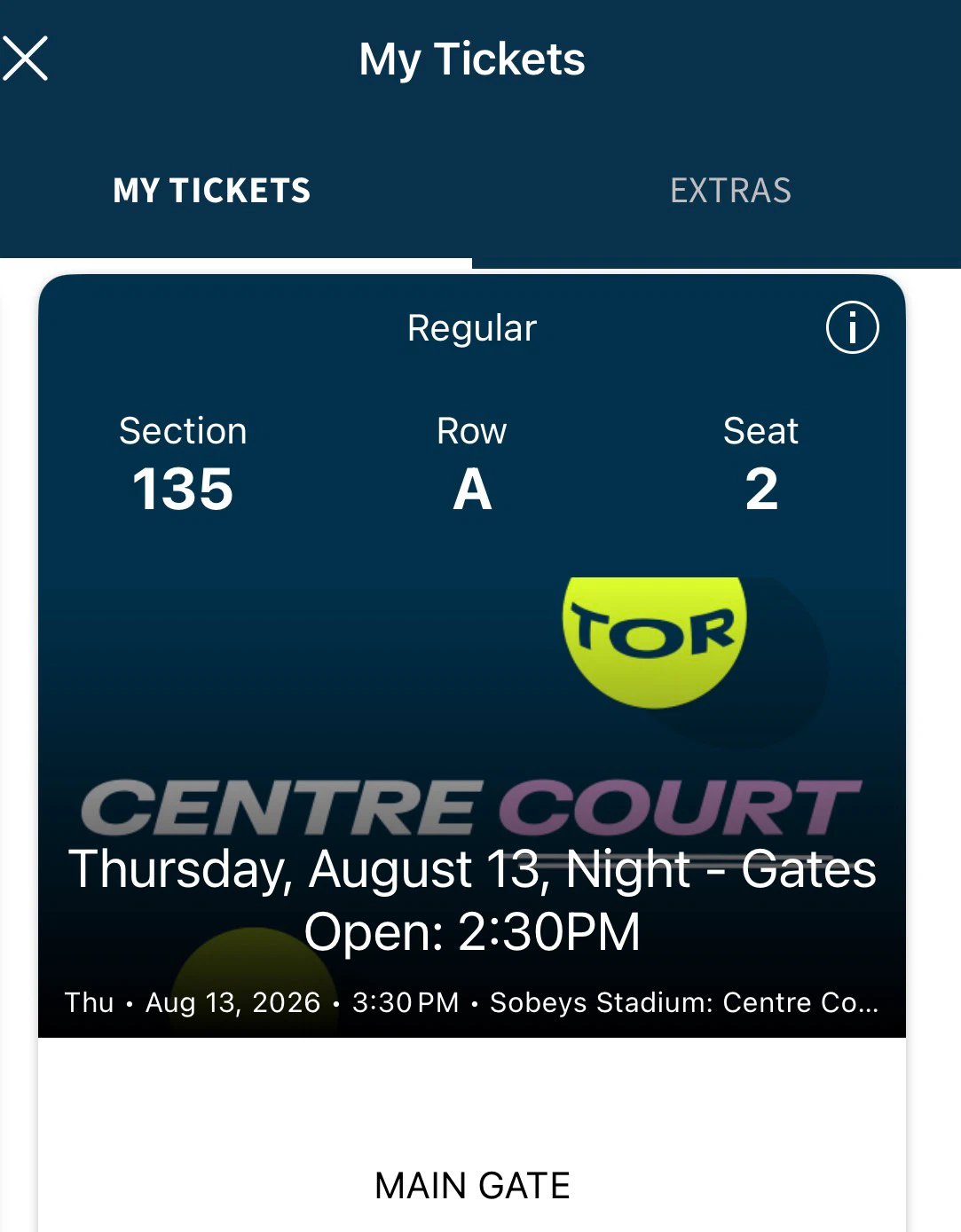 Centre Court Tickets final - August 13, 2026