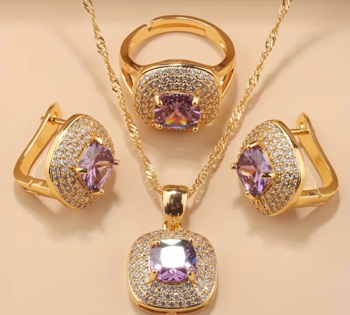 18K plated Gold-tone jewellery set with coloured stone - photo 2