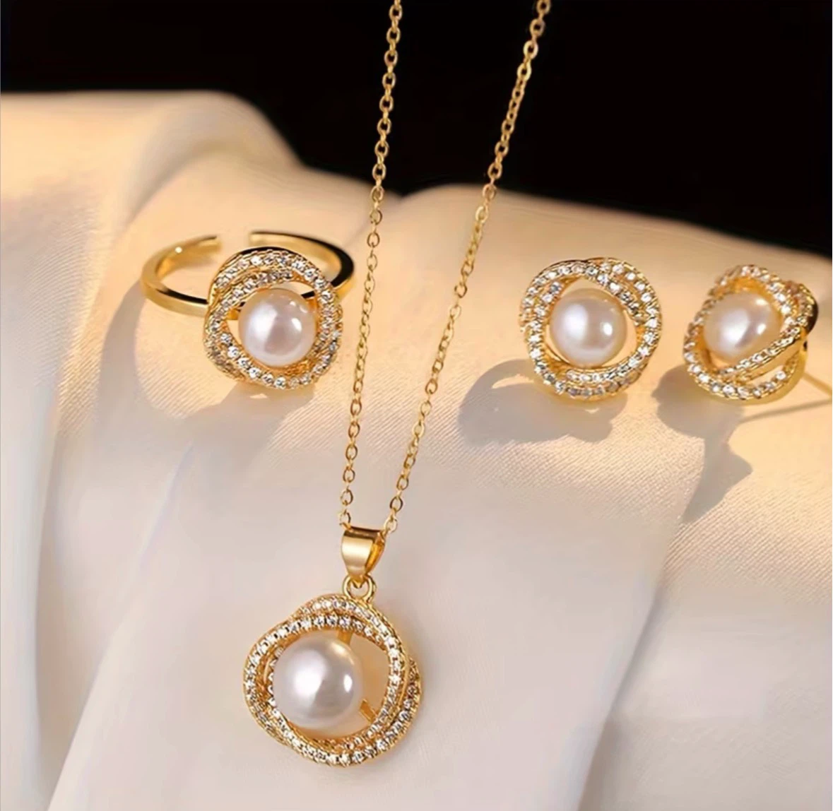 Pearl and Crystal Necklace, Ring, and Earrings Set