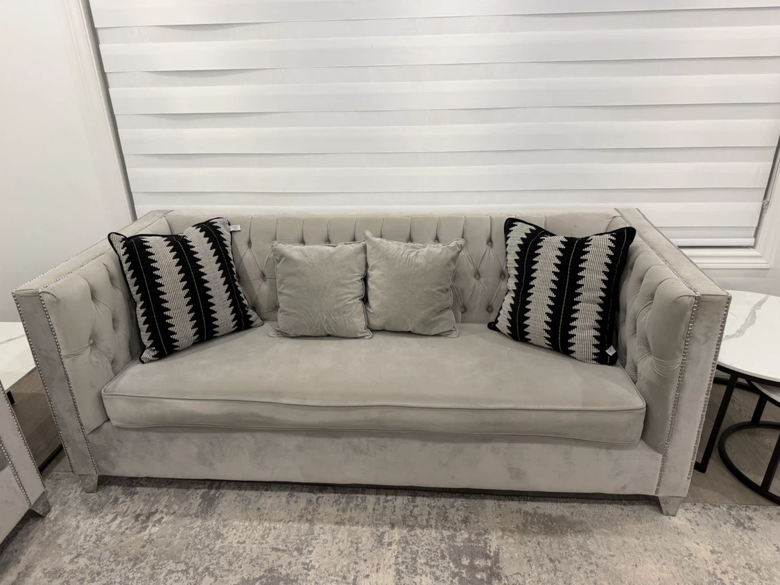 Tufted Grey Velvet Sofa with Accent Pillows - photo 2