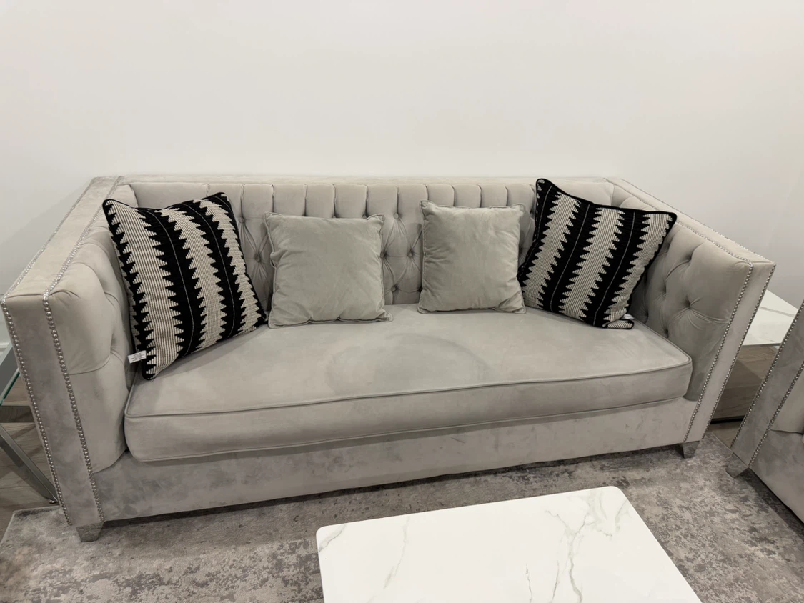 Tufted Grey Velvet Sofa with Accent Pillows - photo 3