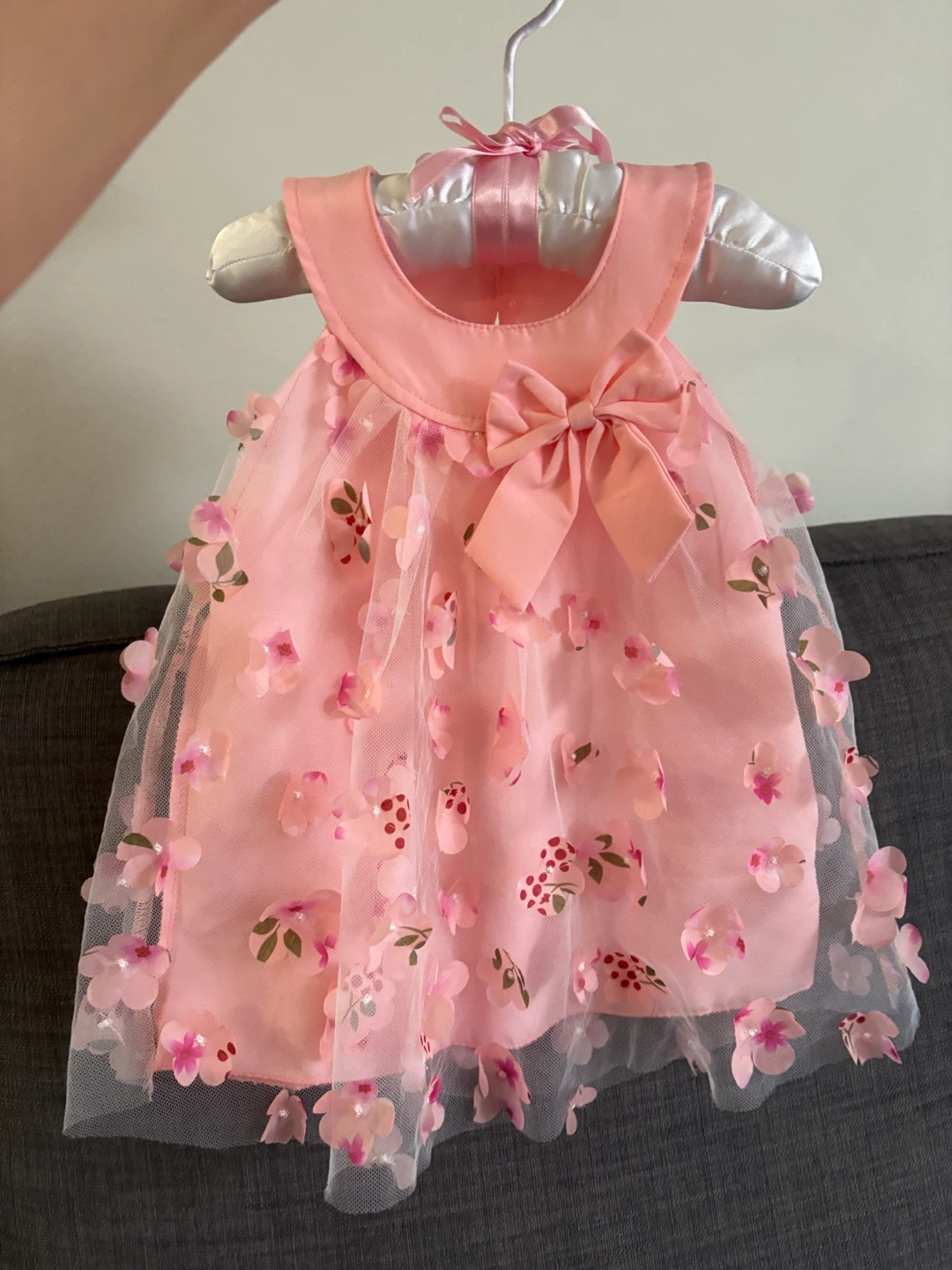 Pink Mesh Floral Dress with Bow 3-6months