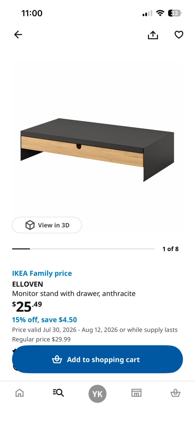 IKEA ELLOOVEN Monitor Stand with Drawer - Anthracite