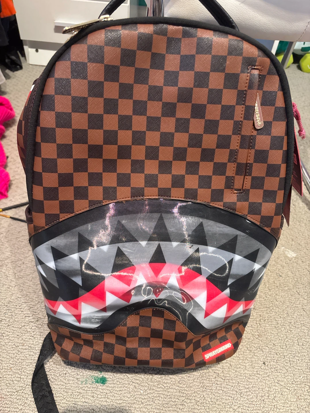 Sprayground Brown Checkered Shark Mouth Backpack