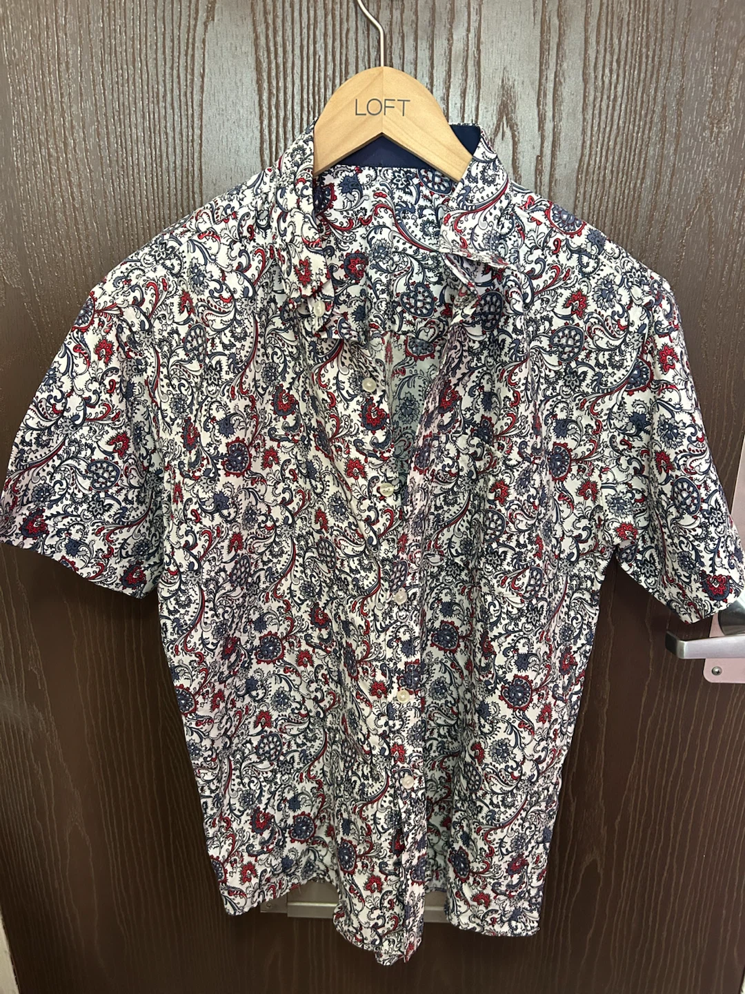 Short Sleeve Button-Up Shirt - Red/Blue Paisley Print