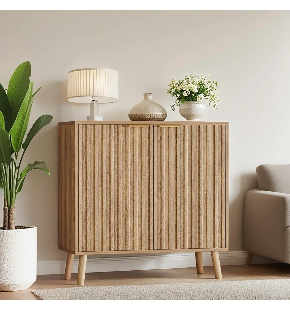 Wood Storage Cabinet with Fluted Doors