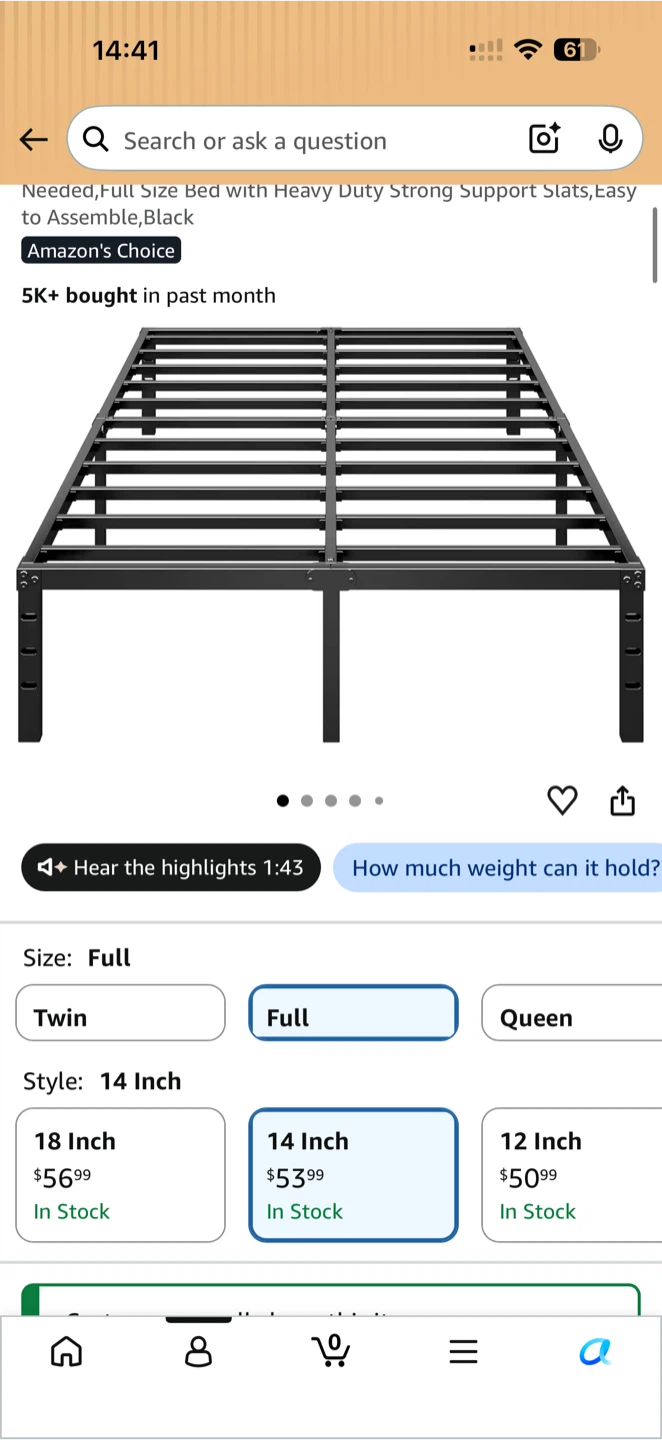 Full Size Bed Frame - 14 Inch Height, Black