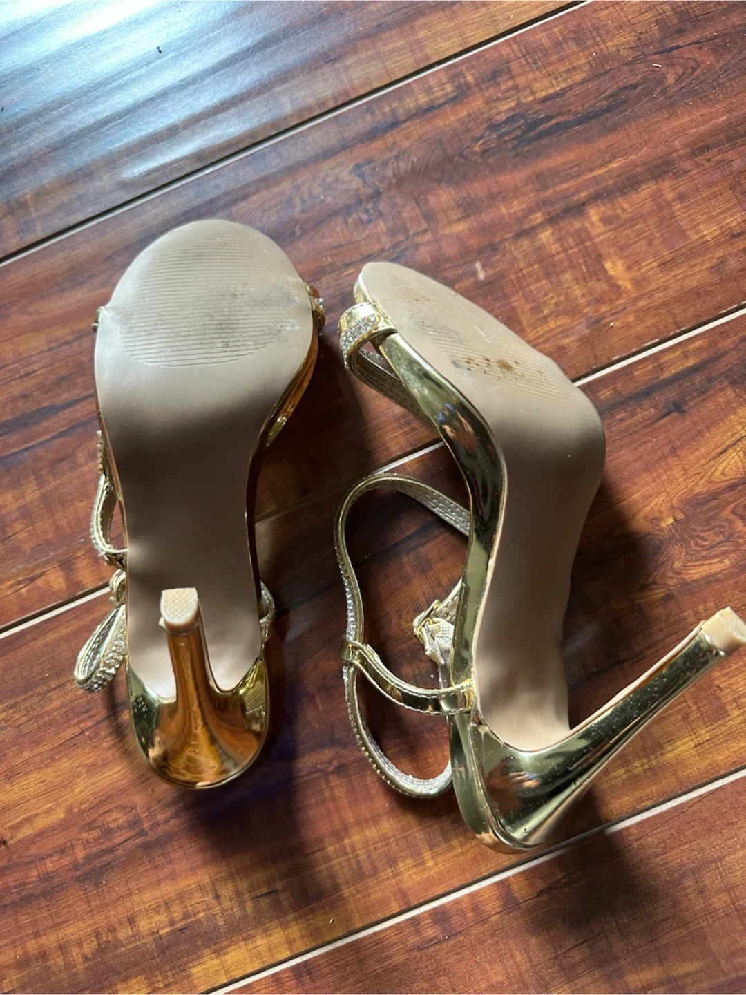 Gold strappy high heels with rhinestones - photo 2
