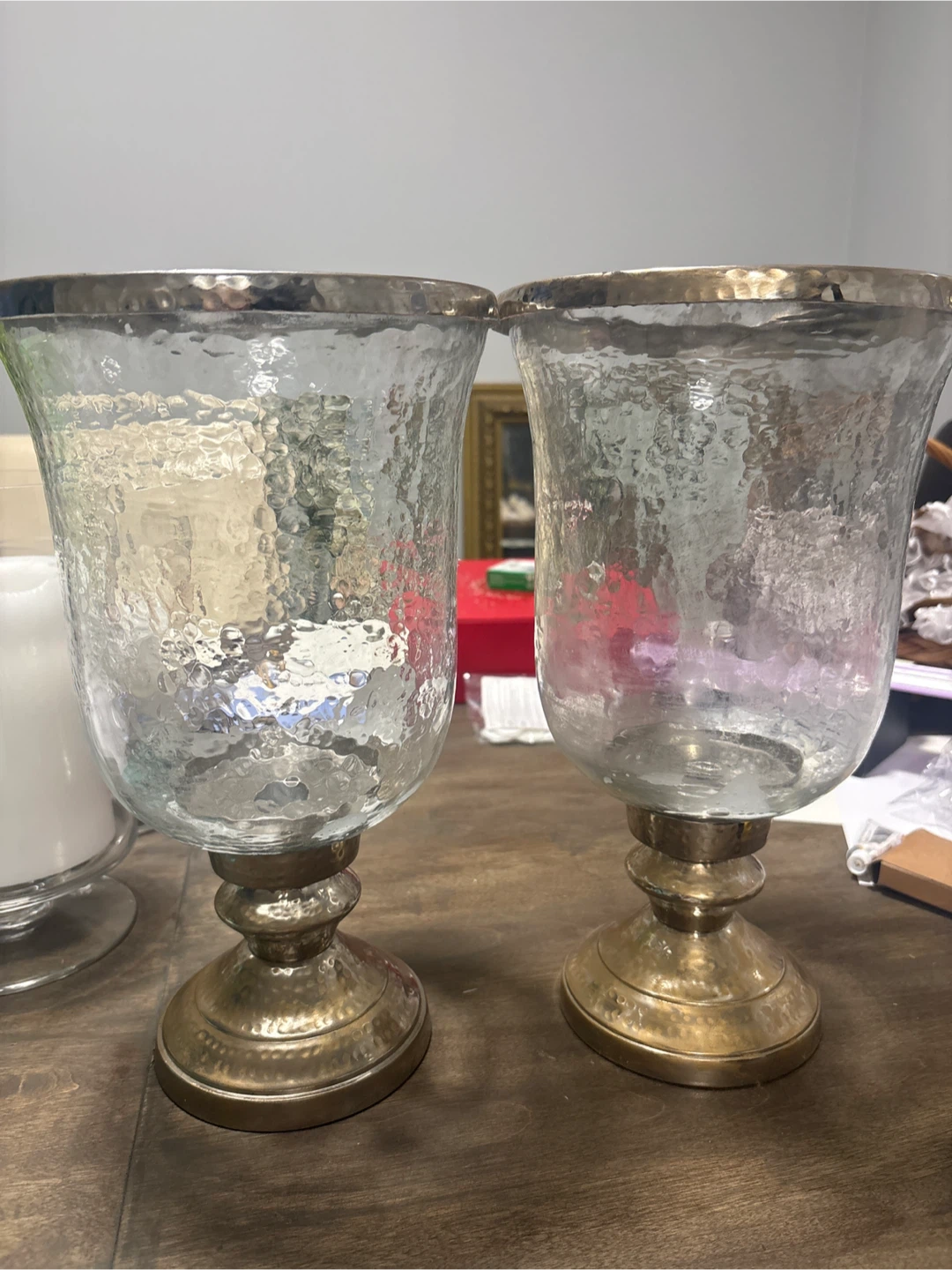 Set of 2 Hammered Glass Hurricane Candle Holders