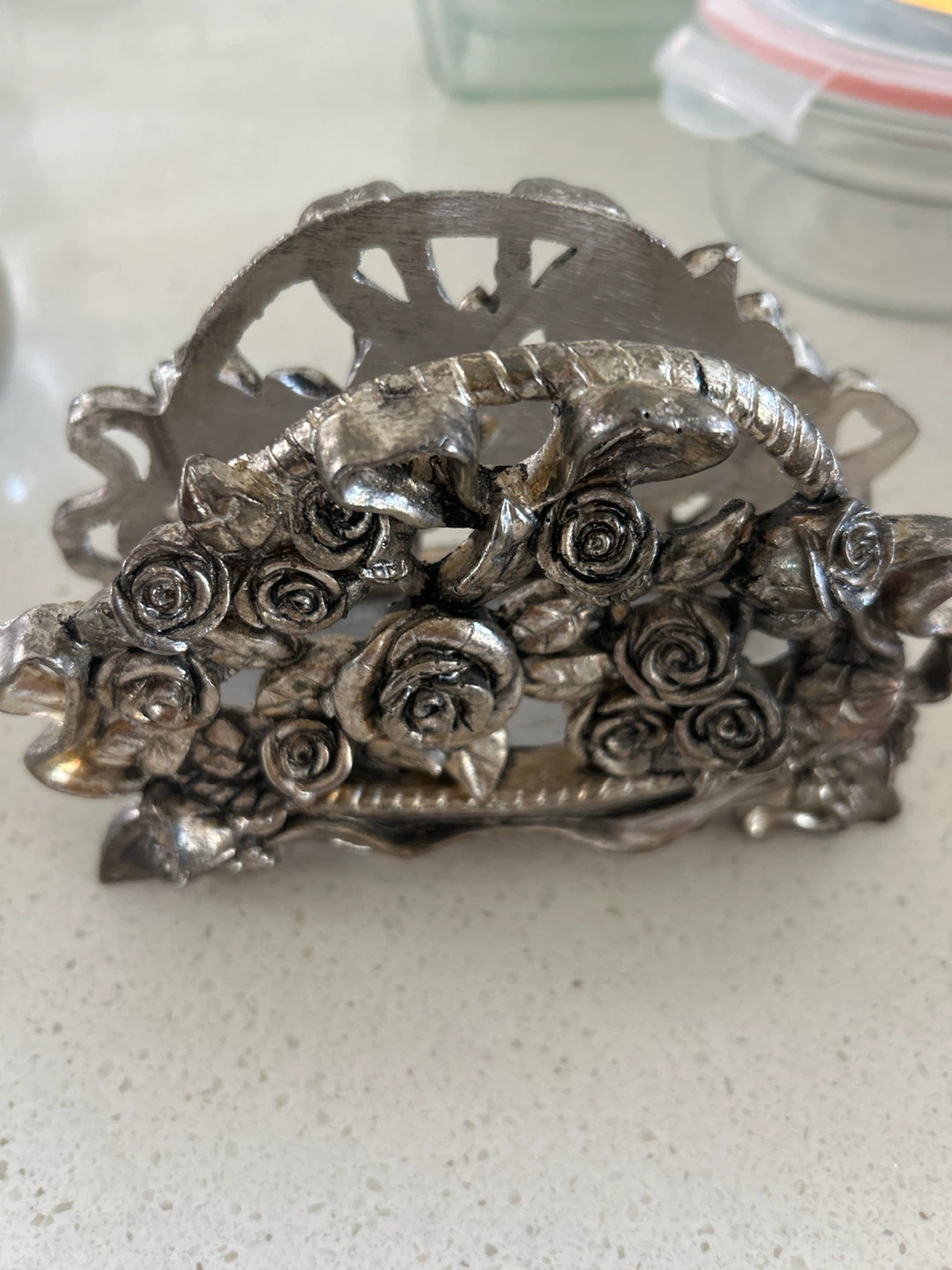 Ornate Metal Napkin Holder with Rose Design