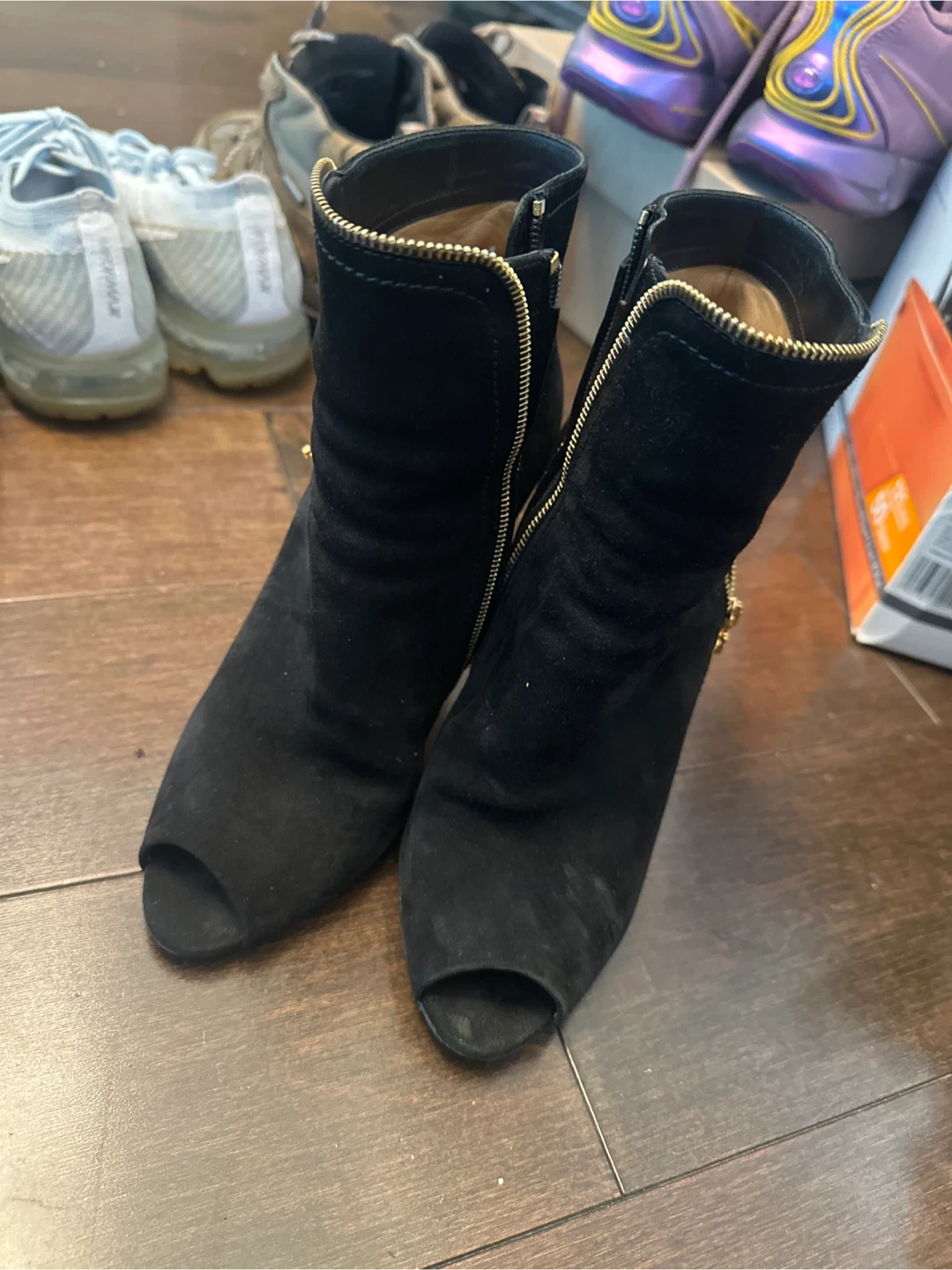 Salvatore Ferragamo Black Suede Peep-Toe Ankle Boots - photo 3