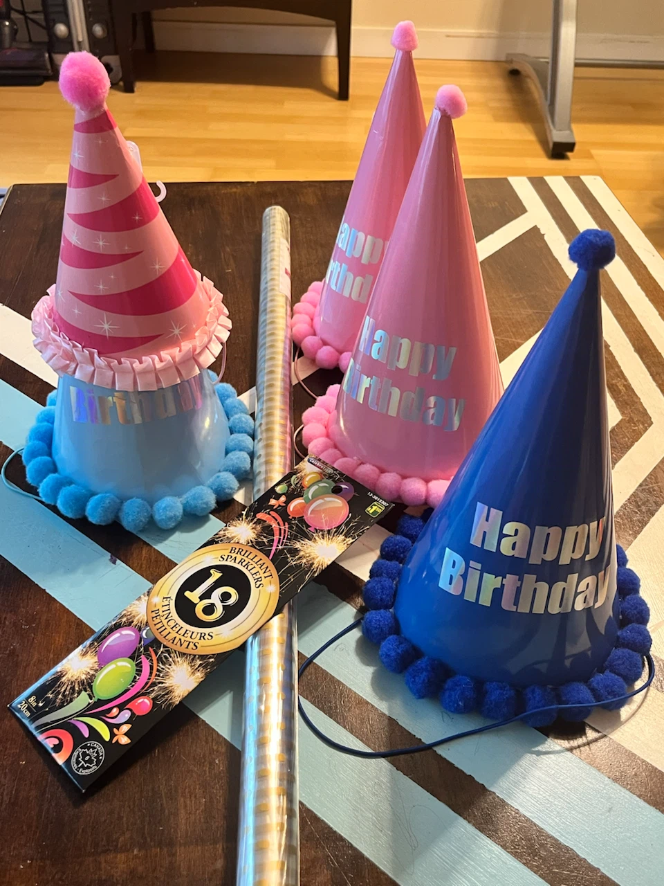 Happy Birthday Party Hats & Sparklers & Transparent Wrap