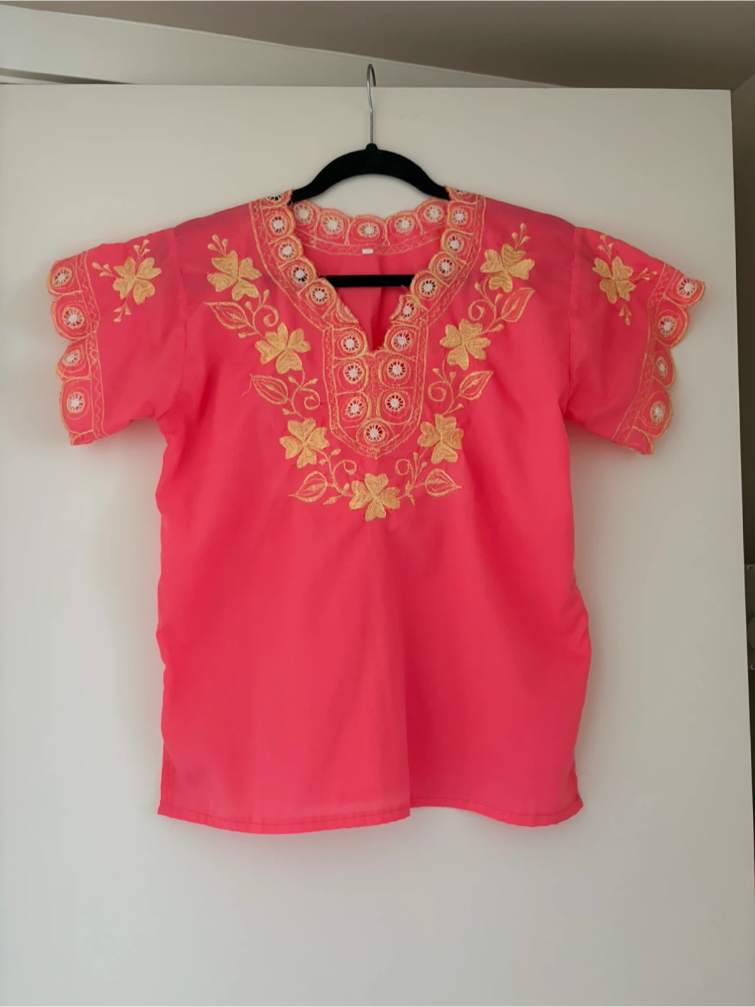 Coral Tunic with Gold Embroidery from Mexico