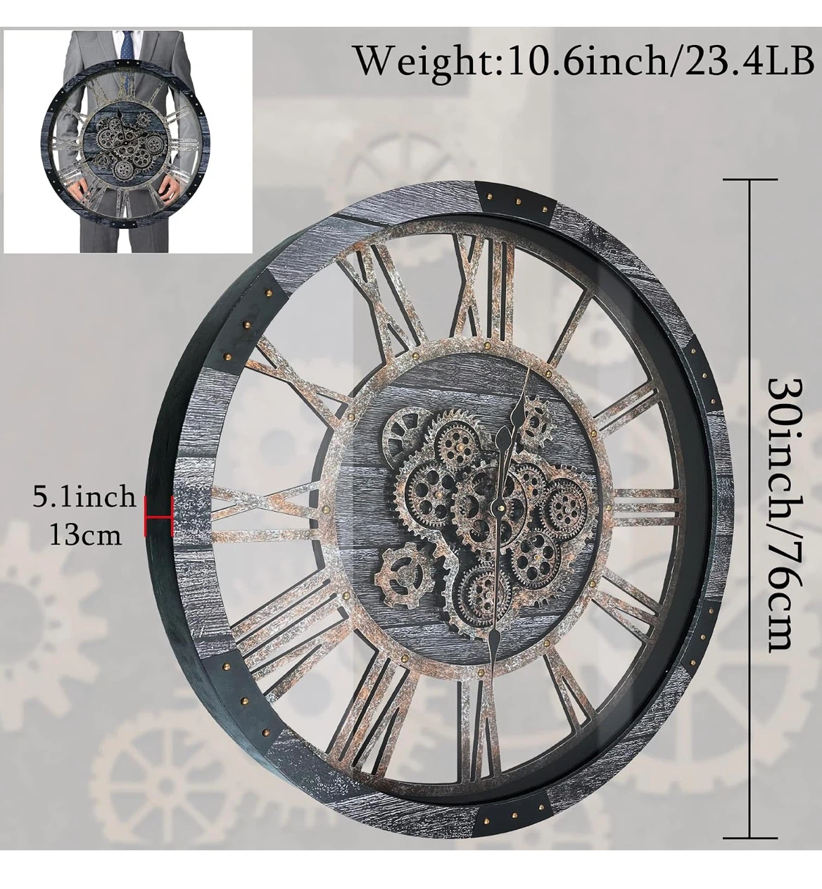 30" Industrial Style Wall Clock with Moving Gears - photo 2