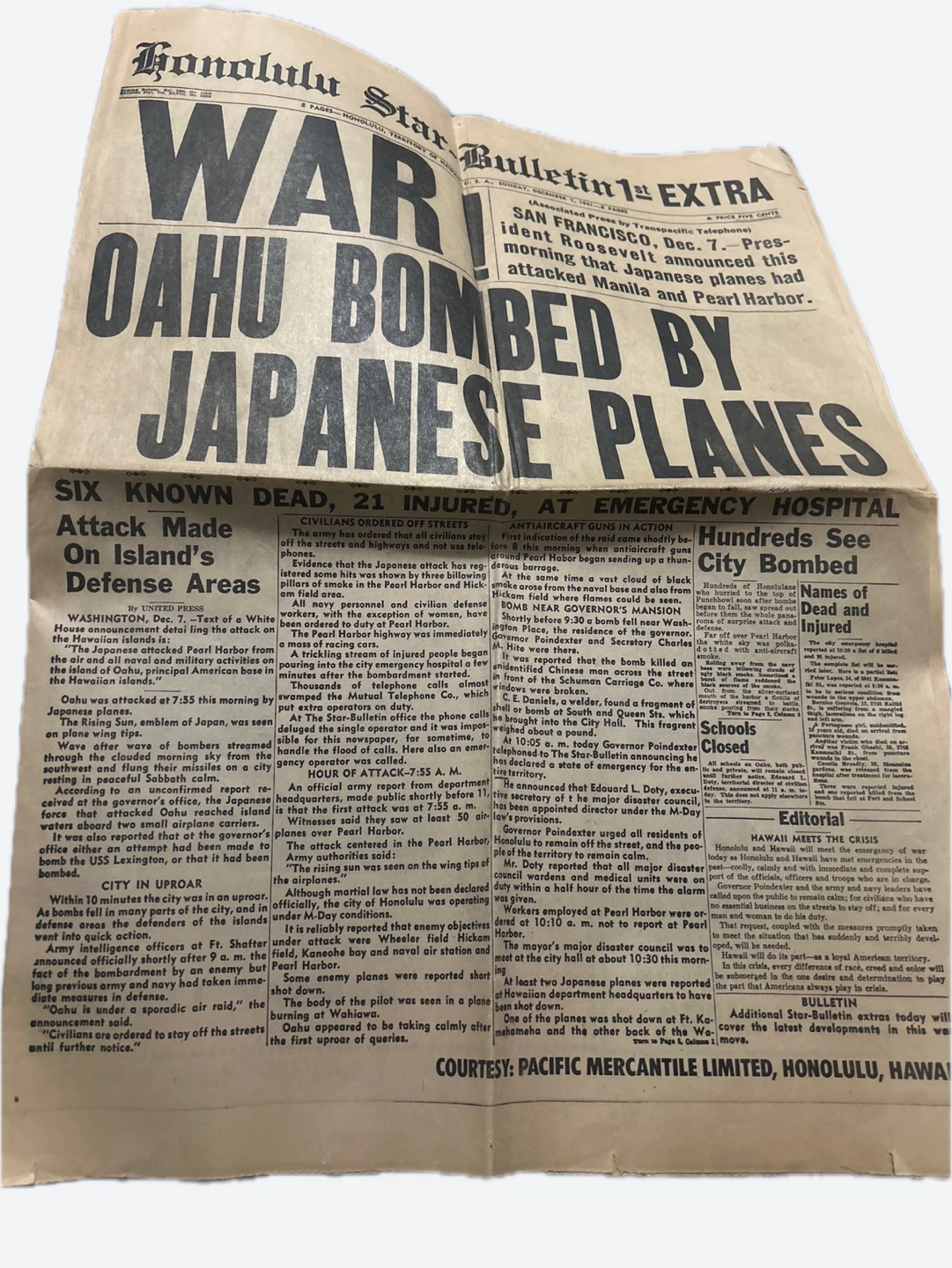 Honolulu Star-Bulletin 1st EXTRA Newspaper - Dec 7, 1941 - photo 2