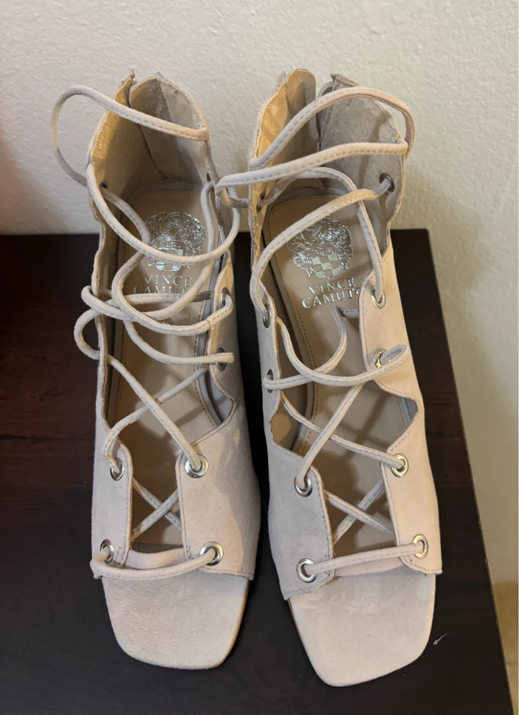 NEW-Vince Camuto Lace-Up Block Heel Sandals Beige