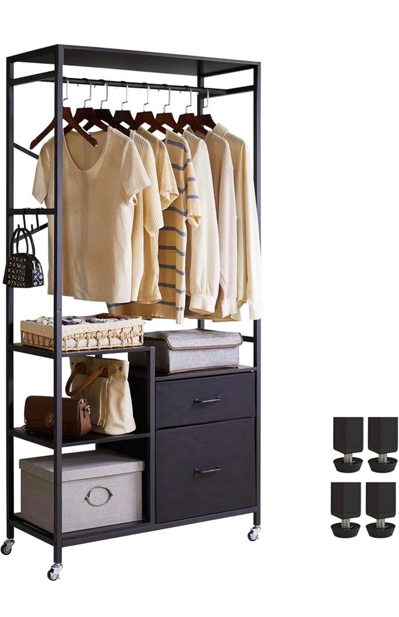 Black Rolling Garment Rack with Drawers and Hooks
