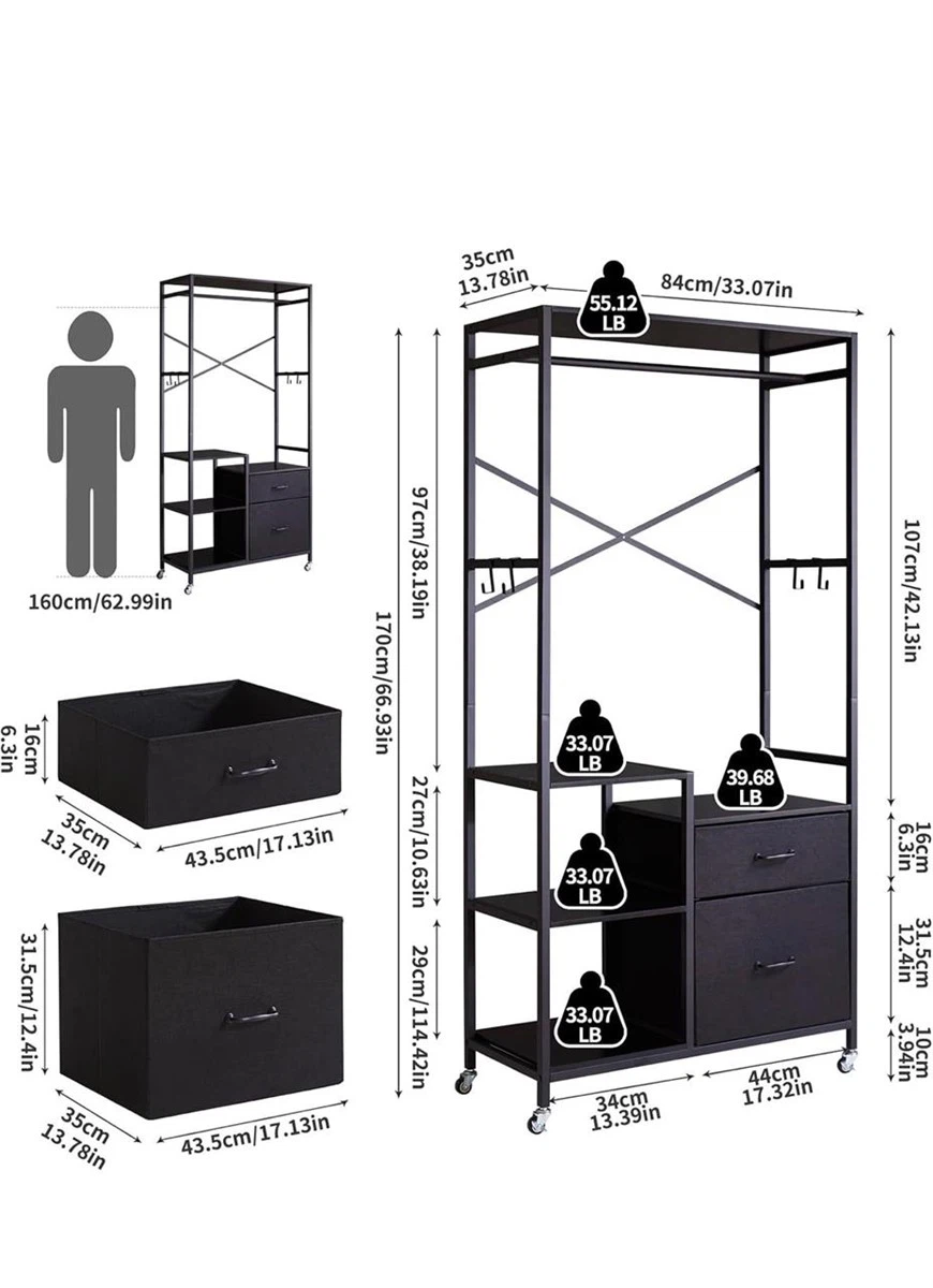 Black Rolling Garment Rack with Drawers and Hooks - photo 3