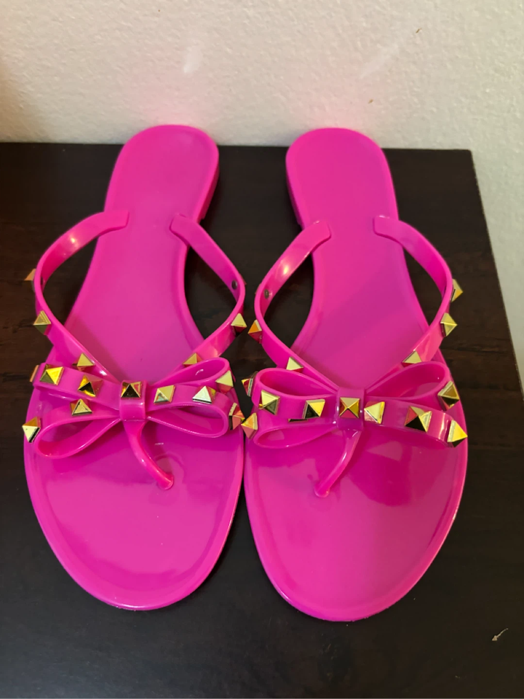 NEW-Hot Pink Studded Bow Jelly Sandals