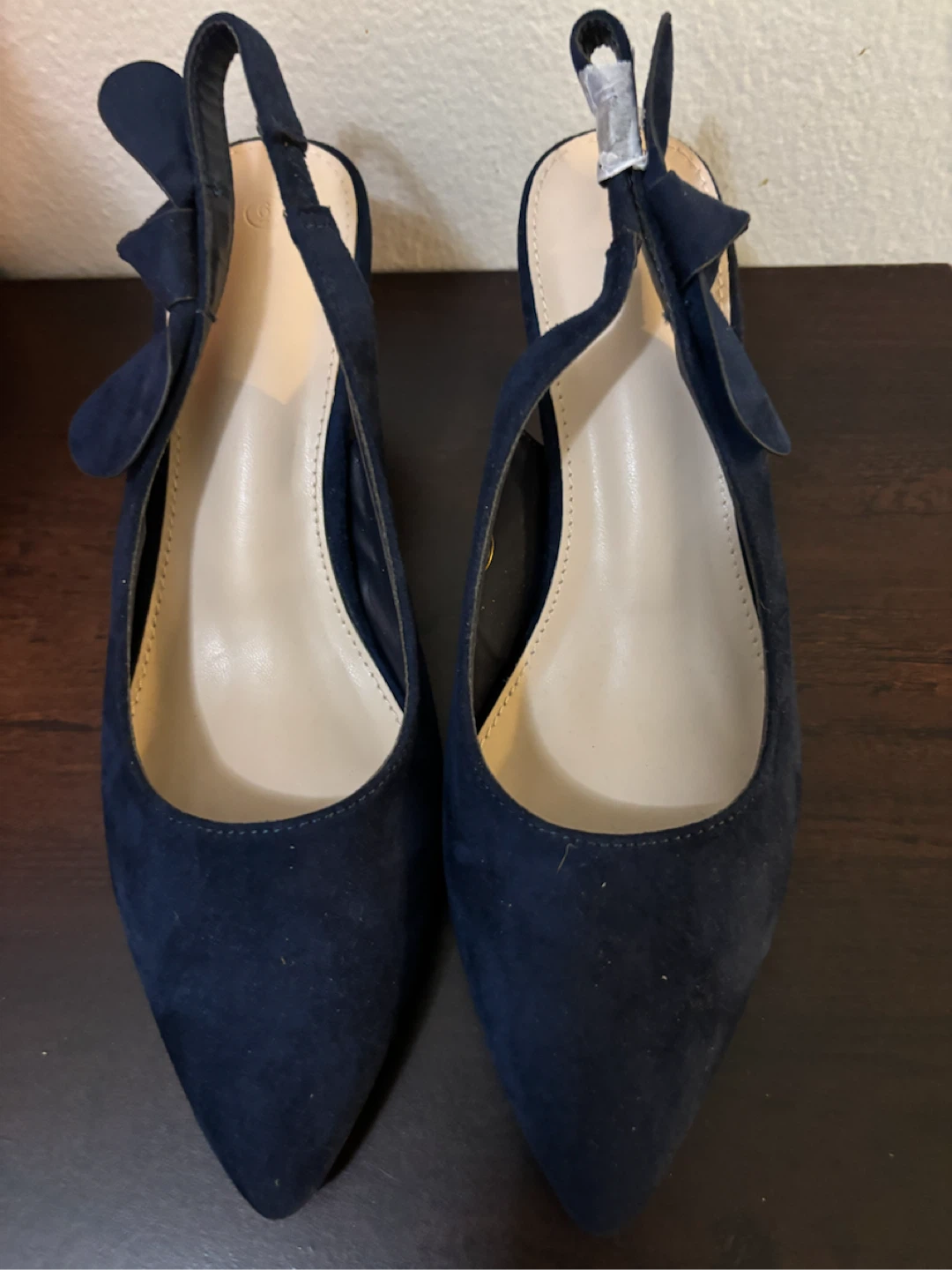 NEW-Navy Suede Slingback Heels with Bow - Size 6