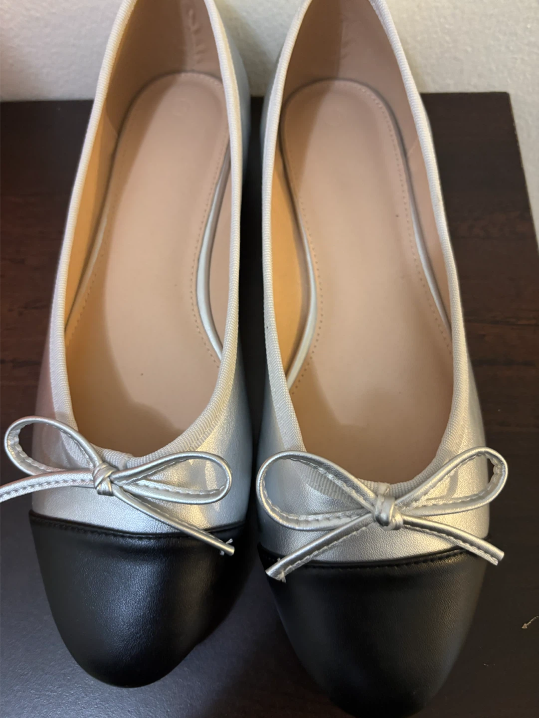 NEW-Silver and Black Cap Toe Ballet Flats with Bow