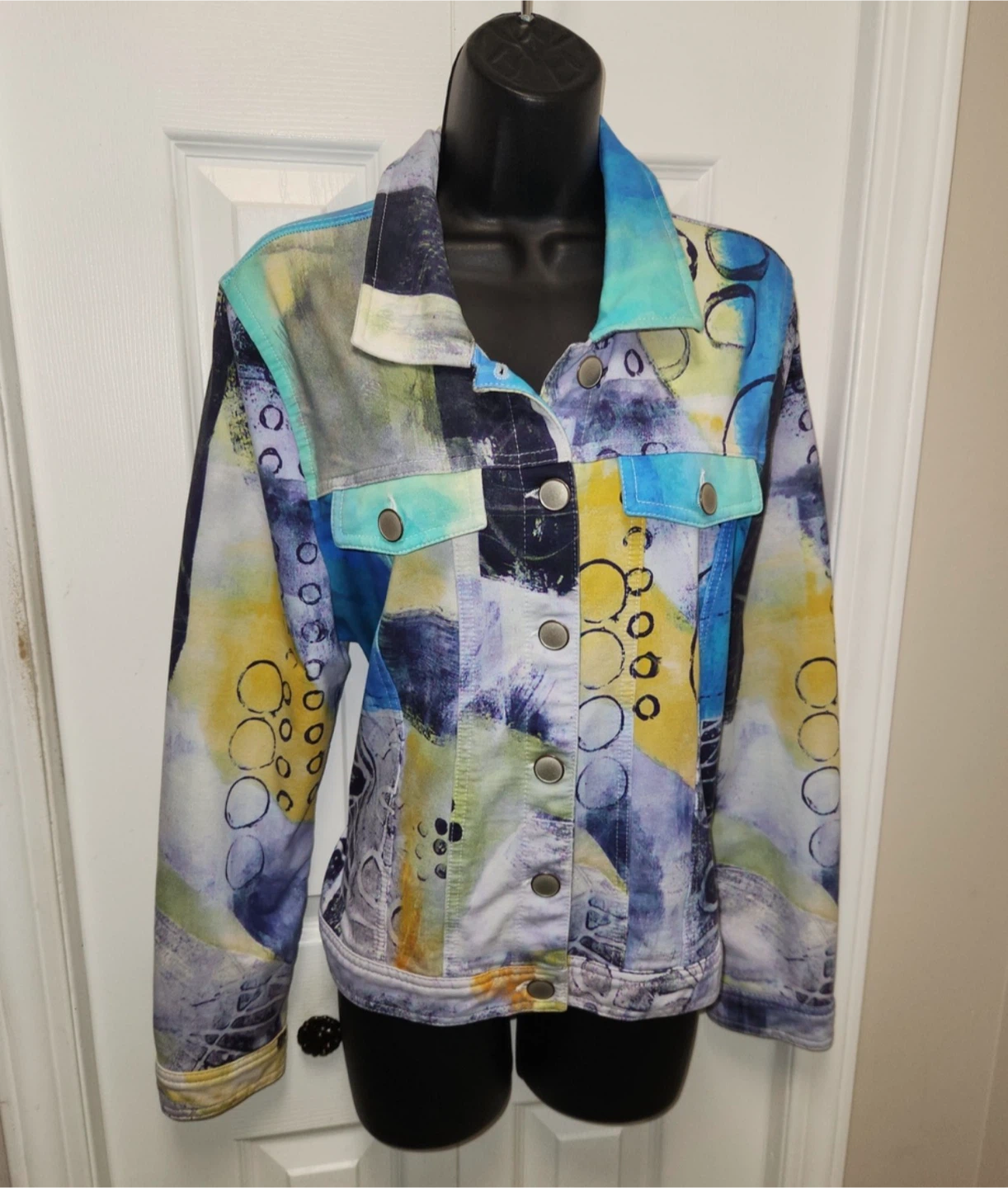 Chic Blue Yellow Abstract Print Denim Jacket